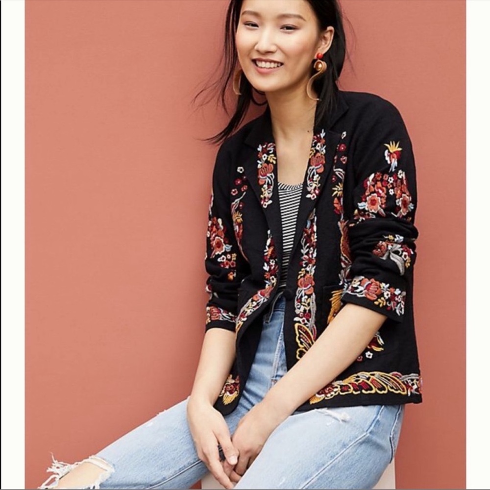 Anthropologie Maeve Embroidered Black Blazer Jacket